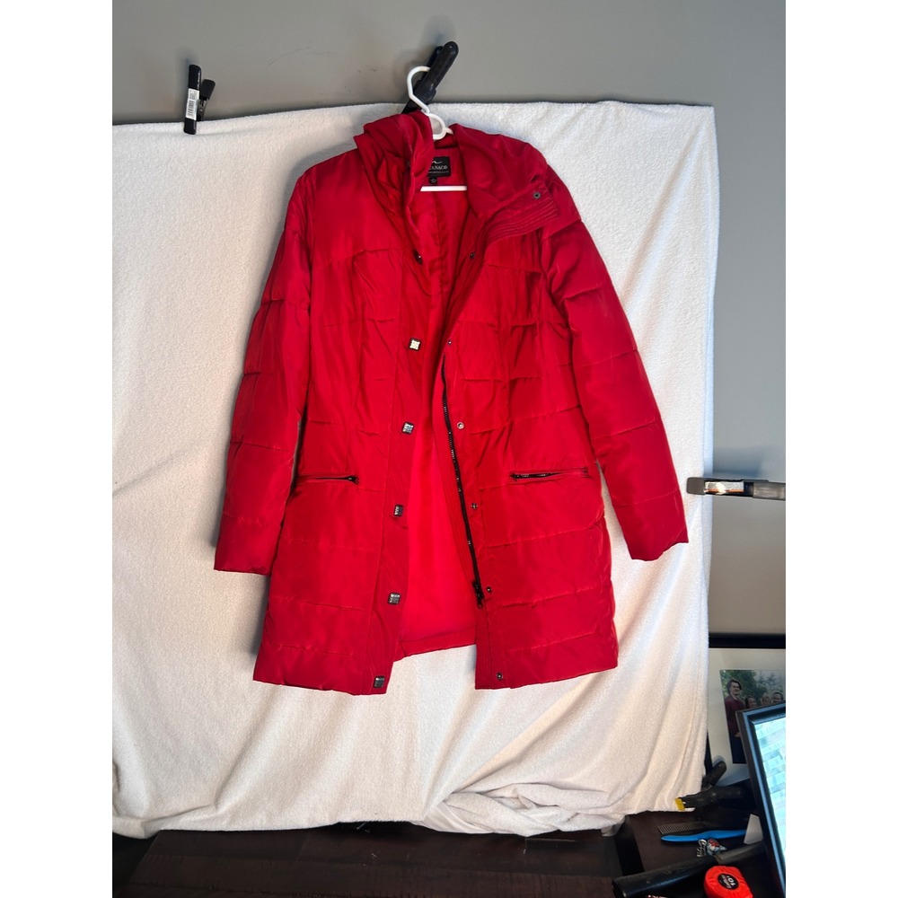 Montanaco Red Quilted Puffer Coat Women L Longline Zip Up Parka Jacket